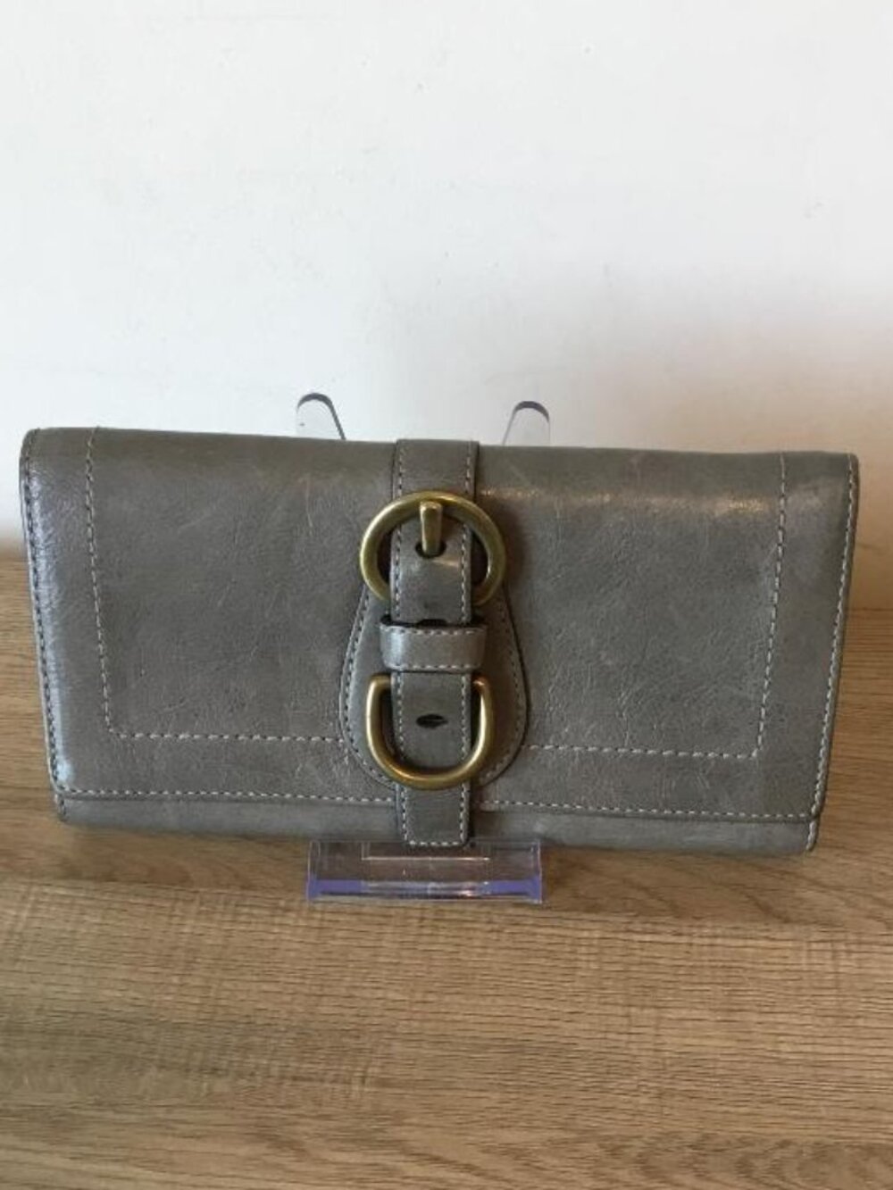 Coach Legacy Garcia Trifold Gray Leather Wallet w/bold Brass Buckle EUC